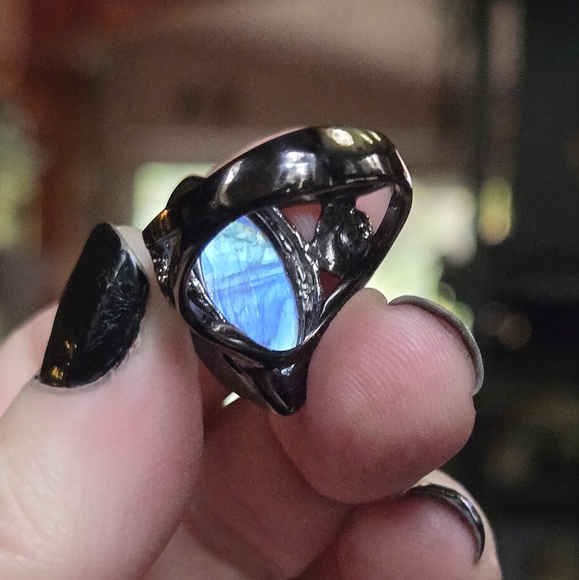 Moonstone 14k marquis cut STUNNING sterling & rhodium ring sz 7.5 - Picture 7 of 8